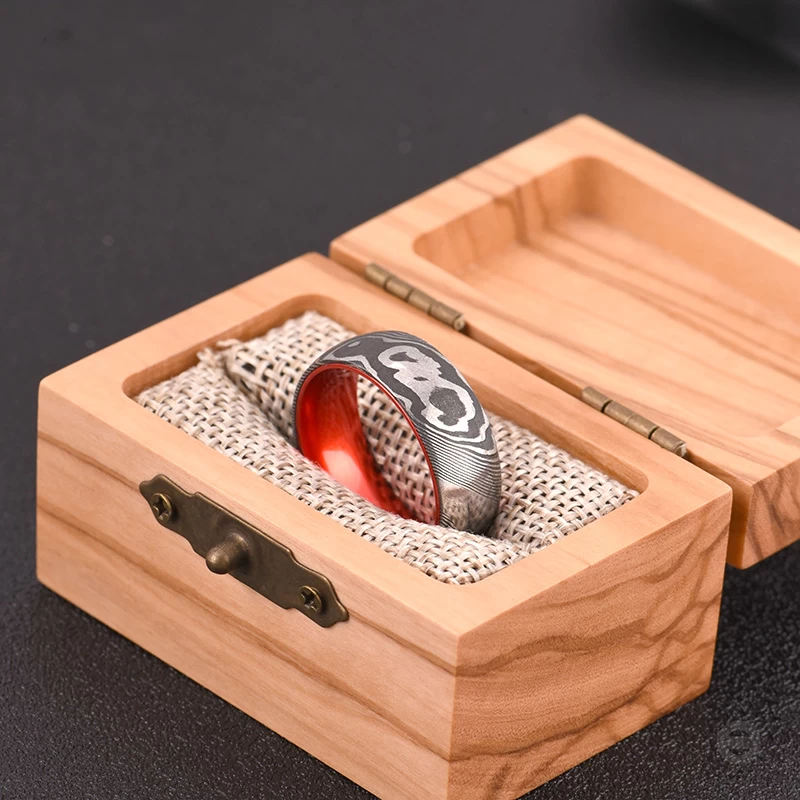 New Style 8mm Domed Black Damascus Steel Ring with Red Aluminum Inner Band 