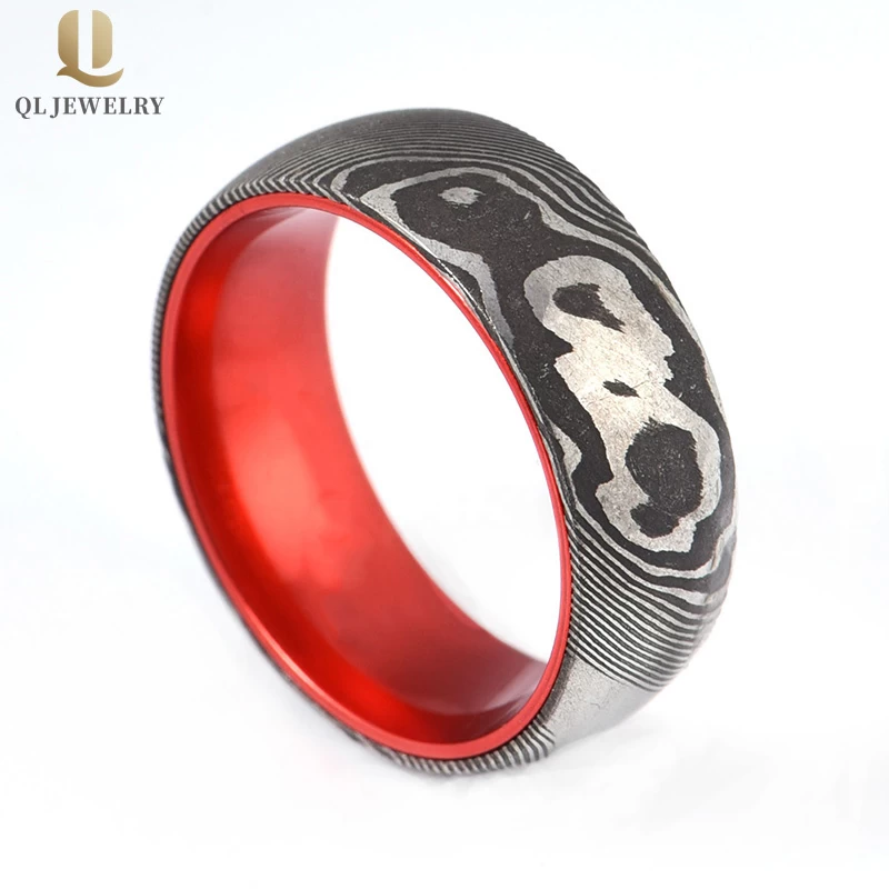 New Style 8mm Domed Black Damascus Steel Ring with Red Aluminum Inner Band 