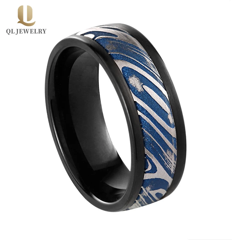 Incroyable 8mm Noir Tungstène et Blue Damascus Steel Band Band de mariage pour hommes Chine Fournisseur