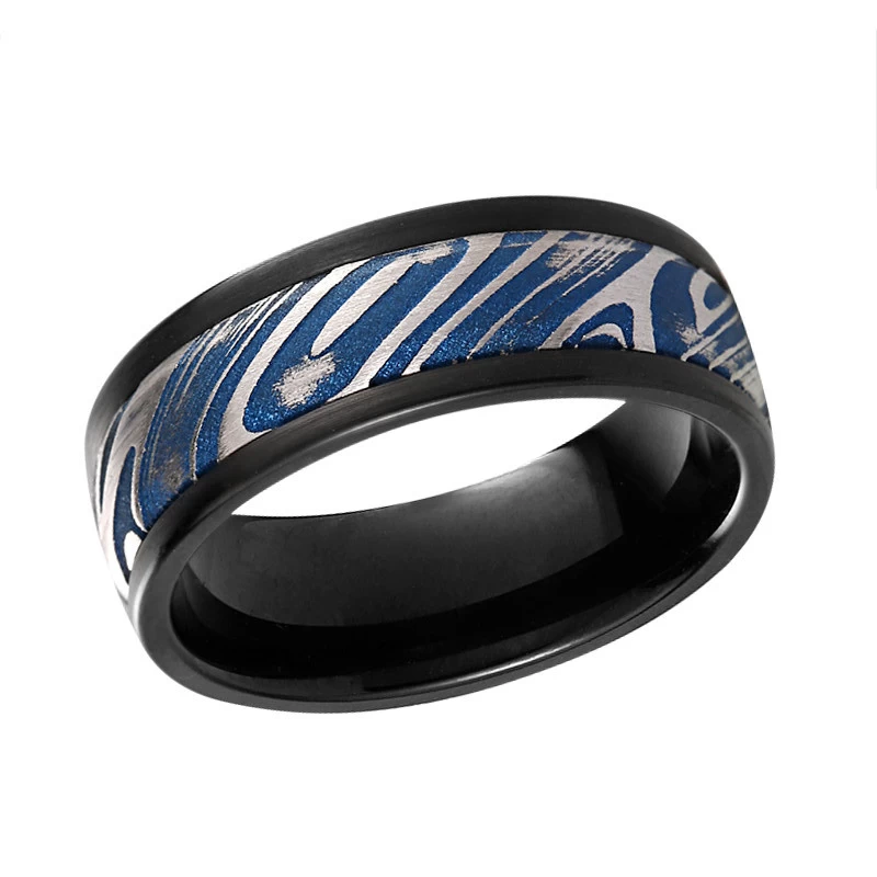 Incroyable 8mm Noir Tungstène et Blue Damascus Steel Band Band de mariage pour hommes Chine Fournisseur