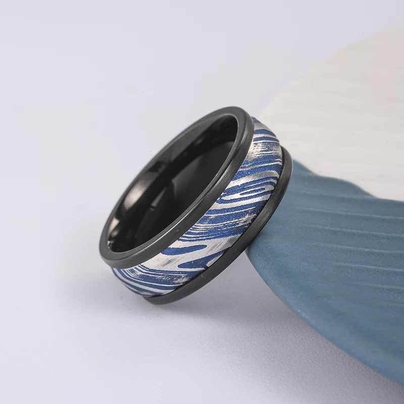 Incroyable 8mm Noir Tungstène et Blue Damascus Steel Band Band de mariage pour hommes Chine Fournisseur