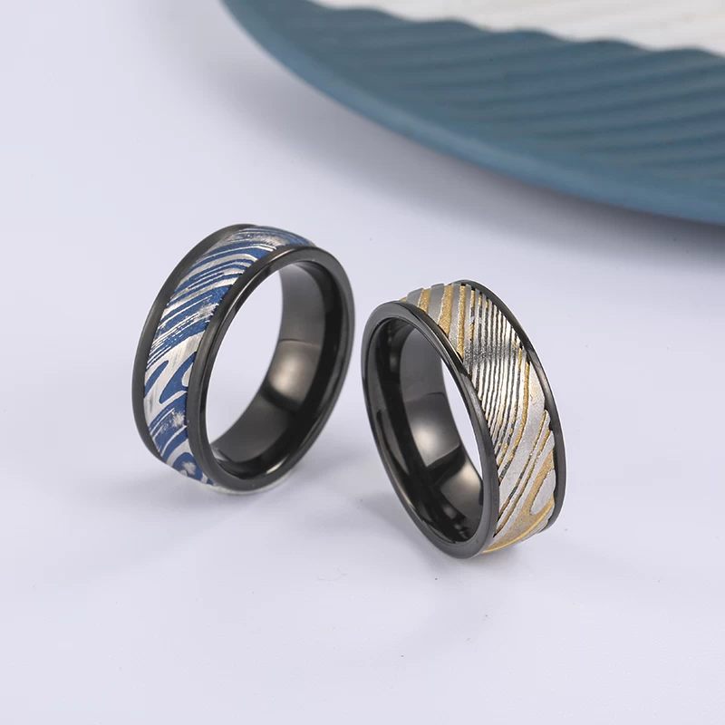 Incroyable 8mm Noir Tungstène et Blue Damascus Steel Band Band de mariage pour hommes Chine Fournisseur