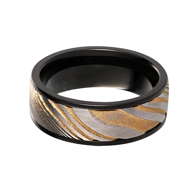Amazing 8mm Noir Tungstène Noir et Gold Damascus Steel Bande de mariage pour hommes Chine Fournisseur