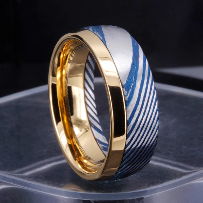 Hotsale Mens Ehering Band 8mm Gold Wolfram und Blue Damaskus Stahl Ring China Lieferant
