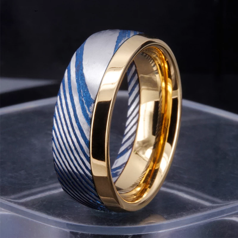 Hotsale Mens Ehering Band 8mm Gold Wolfram und Blue Damaskus Stahl Ring China Lieferant
