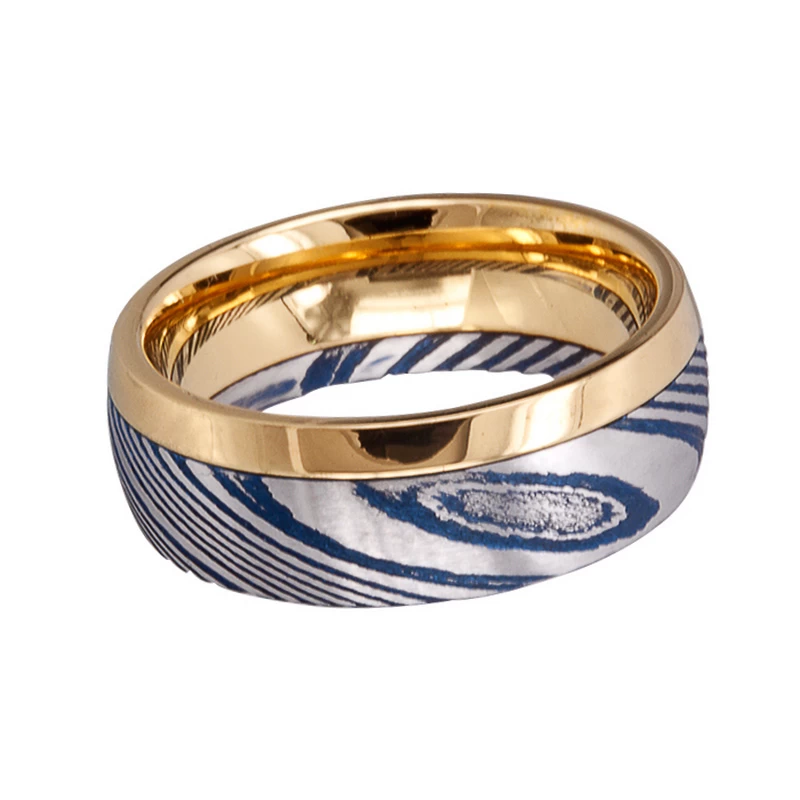 Hotsale Mens Ehering Band 8mm Gold Wolfram und Blue Damaskus Stahl Ring China Lieferant