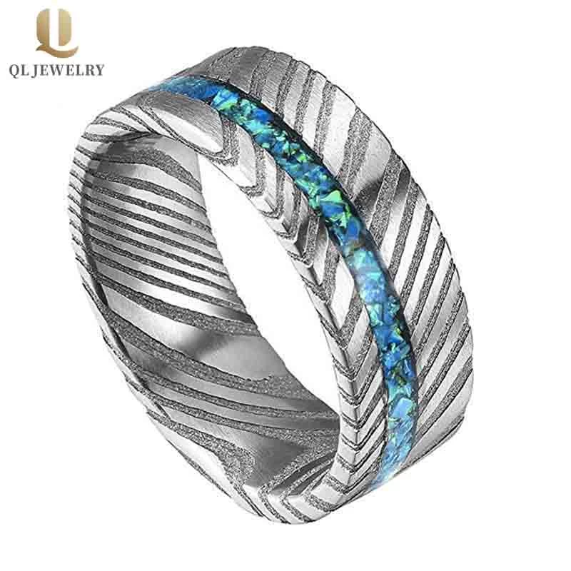 Новый стиль 8 мм мужская свадебная группа Damascus Steel Ring с Opal Inlay