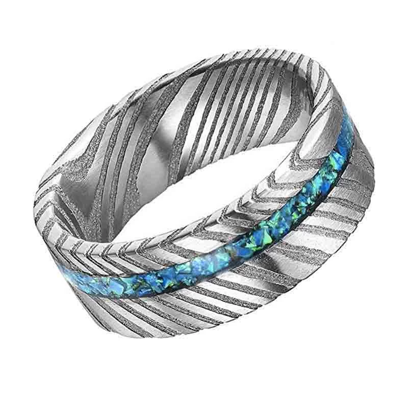 Новый стиль 8 мм мужская свадебная группа Damascus Steel Ring с Opal Inlay