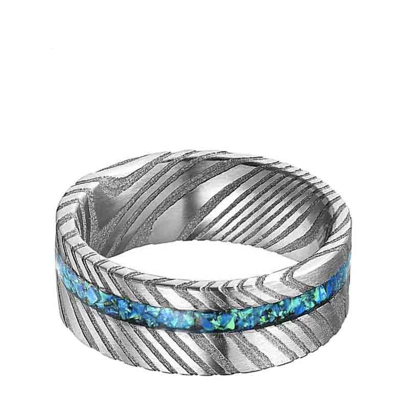 Новый стиль 8 мм мужская свадебная группа Damascus Steel Ring с Opal Inlay