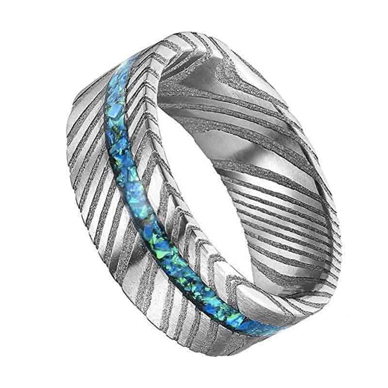 Новый стиль 8 мм мужская свадебная группа Damascus Steel Ring с Opal Inlay