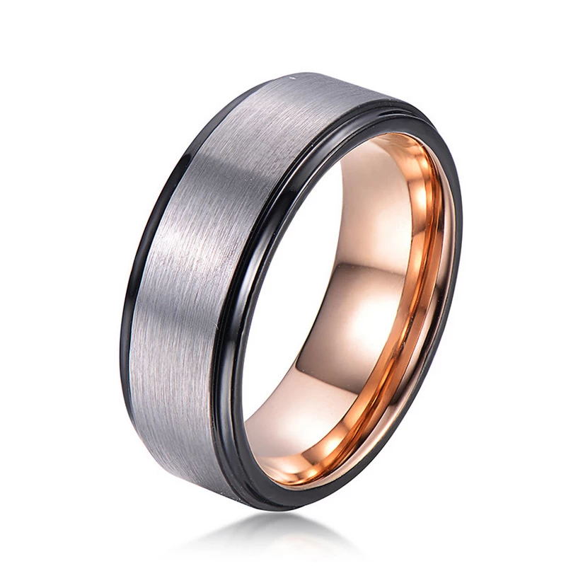 Popular 8mm domed and step edges satin brushede two toned tungsten carbide ring for men black and rose gold tungsten carbide ring China Supplier