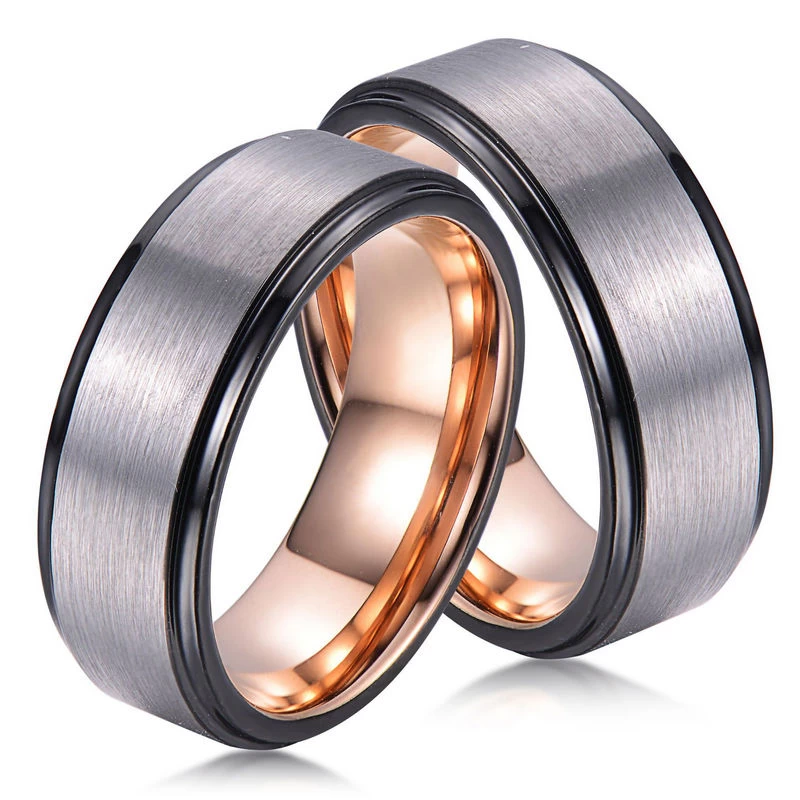 Popular 8mm domed and step edges satin brushede two toned tungsten carbide ring for men black and rose gold tungsten carbide ring China Supplier