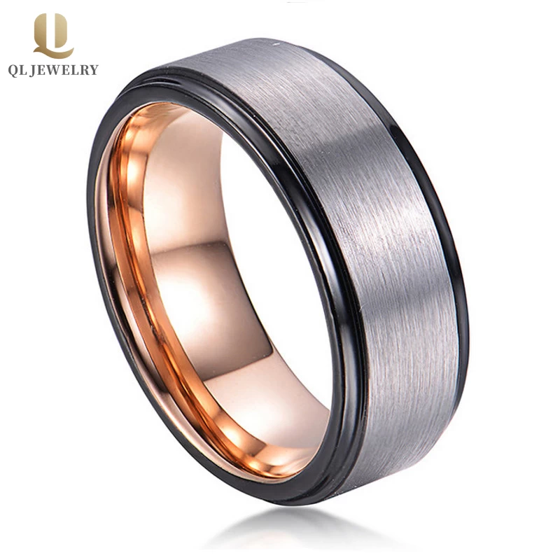 Popular 8mm domed and step edges satin brushede two toned tungsten carbide ring for men black and rose gold tungsten carbide ring China Supplier