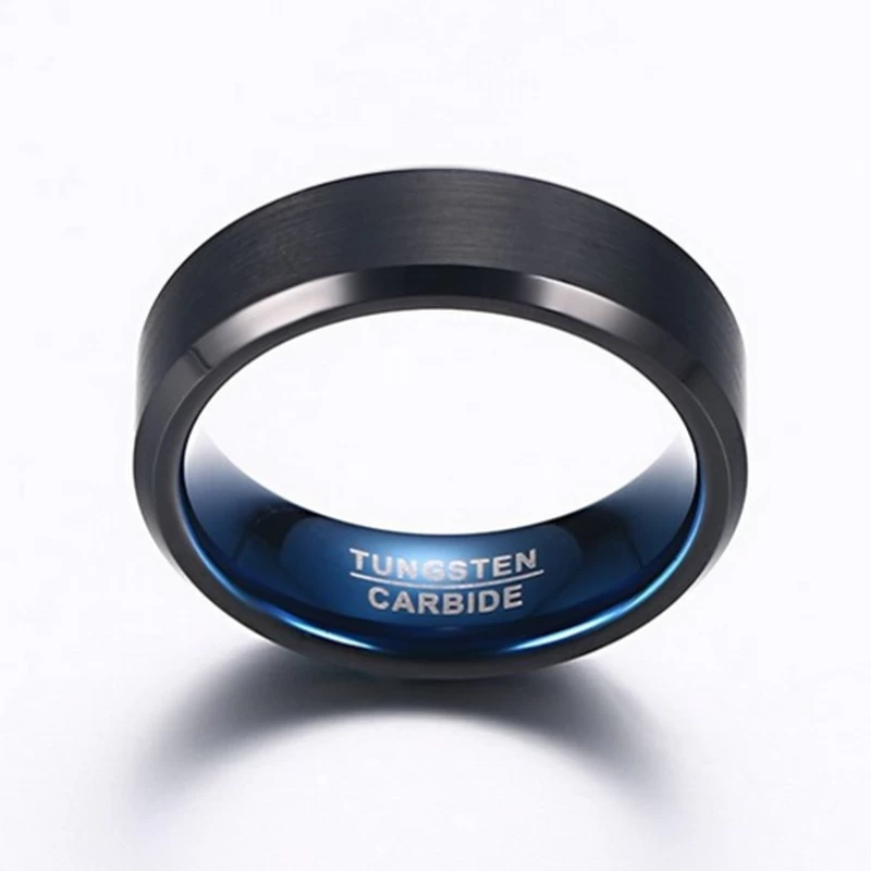 Beliebte 6mm flache und abgeschrägte Kanten Satin gebürstet Zwei getönte Wolframkarbid Ring für Männer Schwarzer und Blauer Wolframkarbid Ring China Lieferant