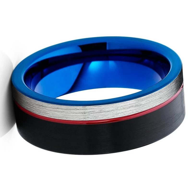 Beliebte 8mm flache Satin gebürstet Zwei getönte Wolframkarbid-Ring für Männer Schwarzer und Blauer Wolframkarbid-Ring mit 1mm Red Channel China Lieferant