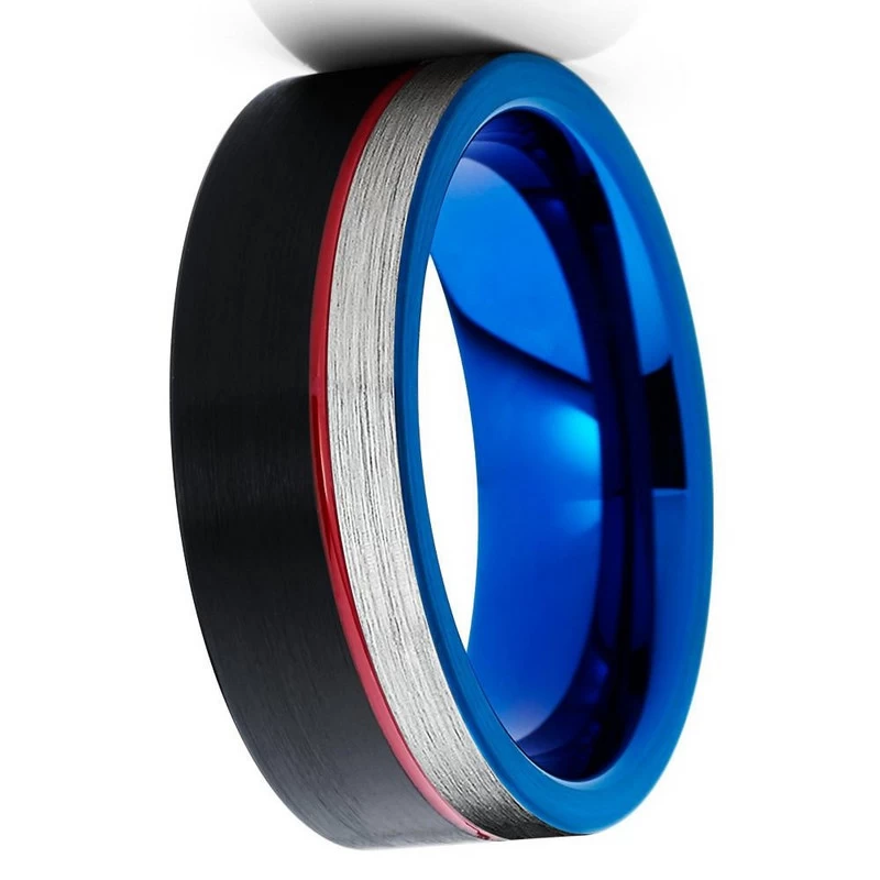 Beliebte 8mm flache Satin gebürstet Zwei getönte Wolframkarbid-Ring für Männer Schwarzer und Blauer Wolframkarbid-Ring mit 1mm Red Channel China Lieferant