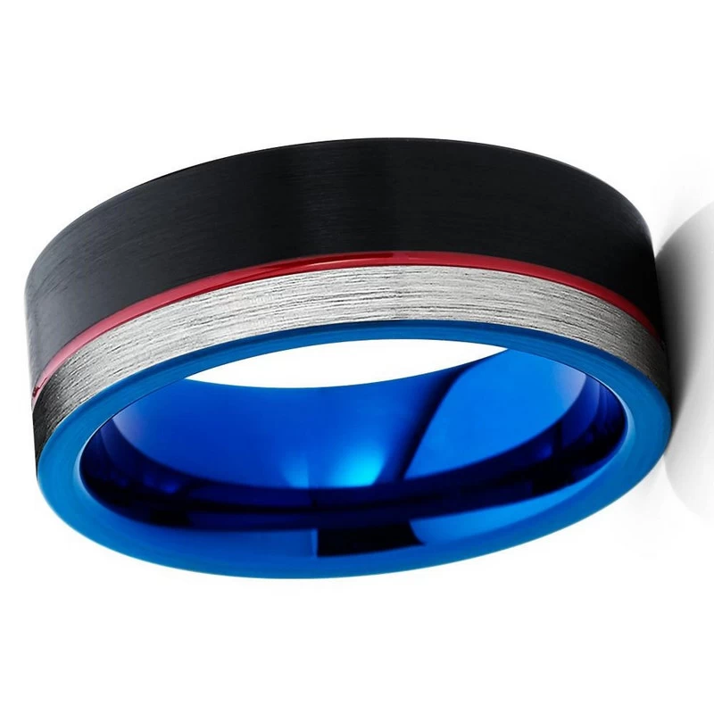 Beliebte 8mm flache Satin gebürstet Zwei getönte Wolframkarbid-Ring für Männer Schwarzer und Blauer Wolframkarbid-Ring mit 1mm Red Channel China Lieferant