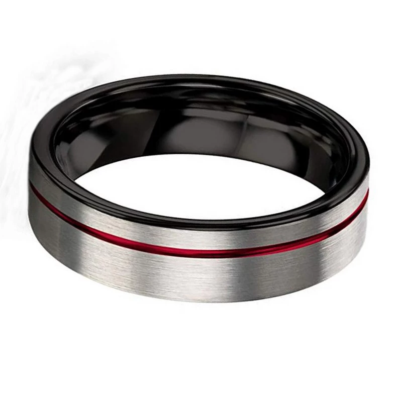 Hohe Qualität 6mm Silber Satin gebürstet Black Wolfram Ehering mit 1mm rotem Kanal an der Seite China Lieferant
