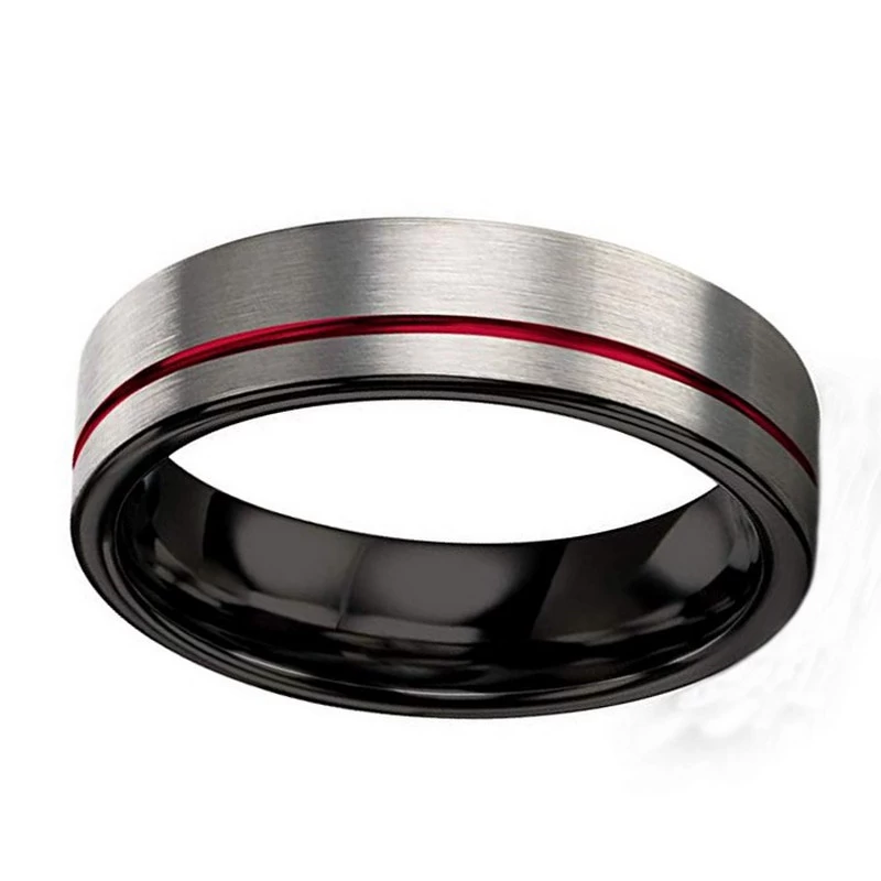 Hohe Qualität 6mm Silber Satin gebürstet Black Wolfram Ehering mit 1mm rotem Kanal an der Seite China Lieferant