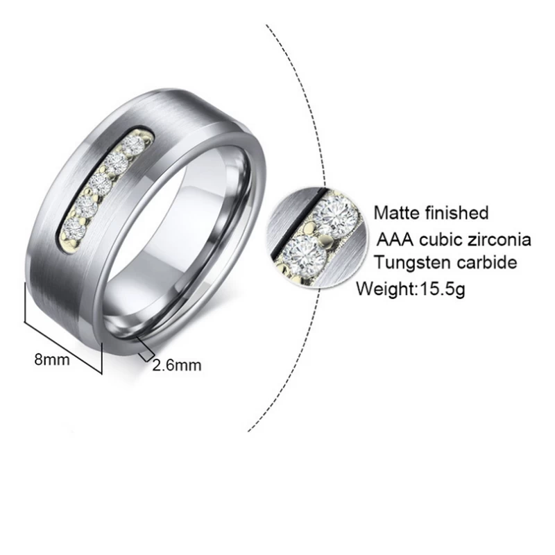 Hotsale 8mm Bordi piatti e smussati da uomo in raso spazzolato per matrimoni da tungsteno con 5 pietre bianche cz porcellane fornitore