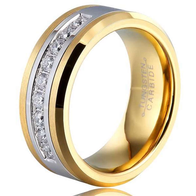 Hotsale 8mm Band da cerimonia nuziale da uomo e bordi smussati anello di tungsteno oro con 9 pietre cz Produttore della Cina