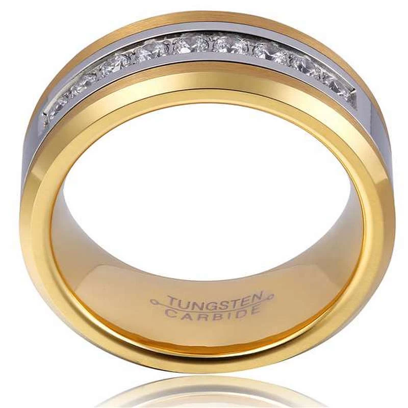 Hotsale 8mm Band da cerimonia nuziale da uomo e bordi smussati anello di tungsteno oro con 9 pietre cz Produttore della Cina