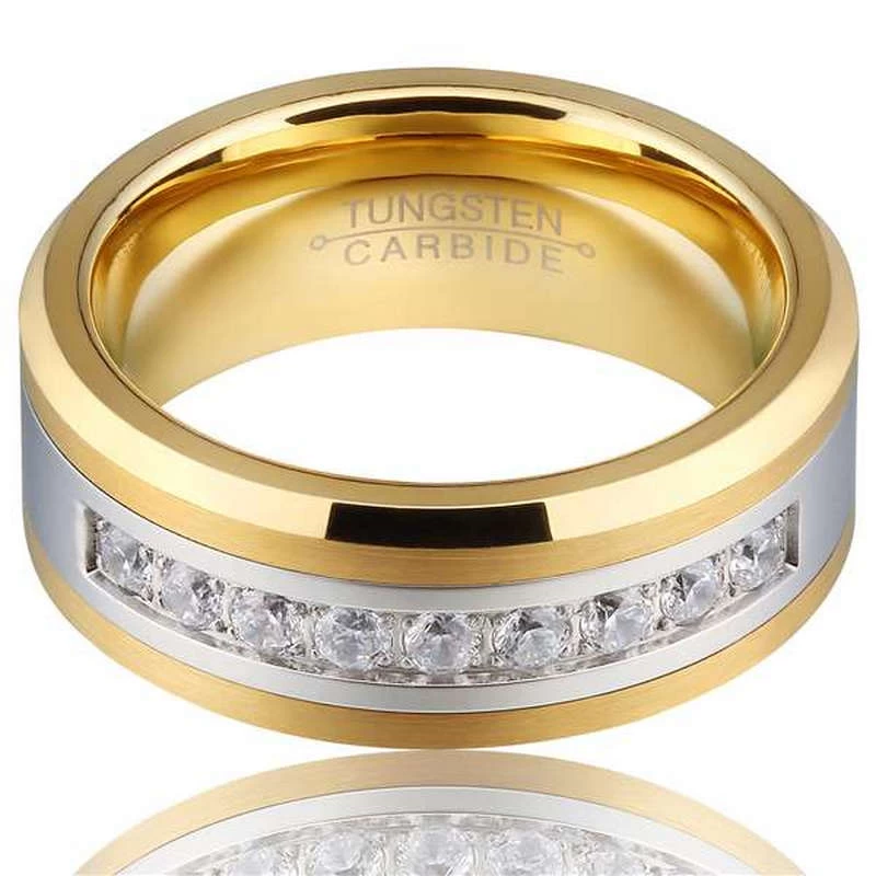 Hotsale 8mm Band da cerimonia nuziale da uomo e bordi smussati anello di tungsteno oro con 9 pietre cz Produttore della Cina