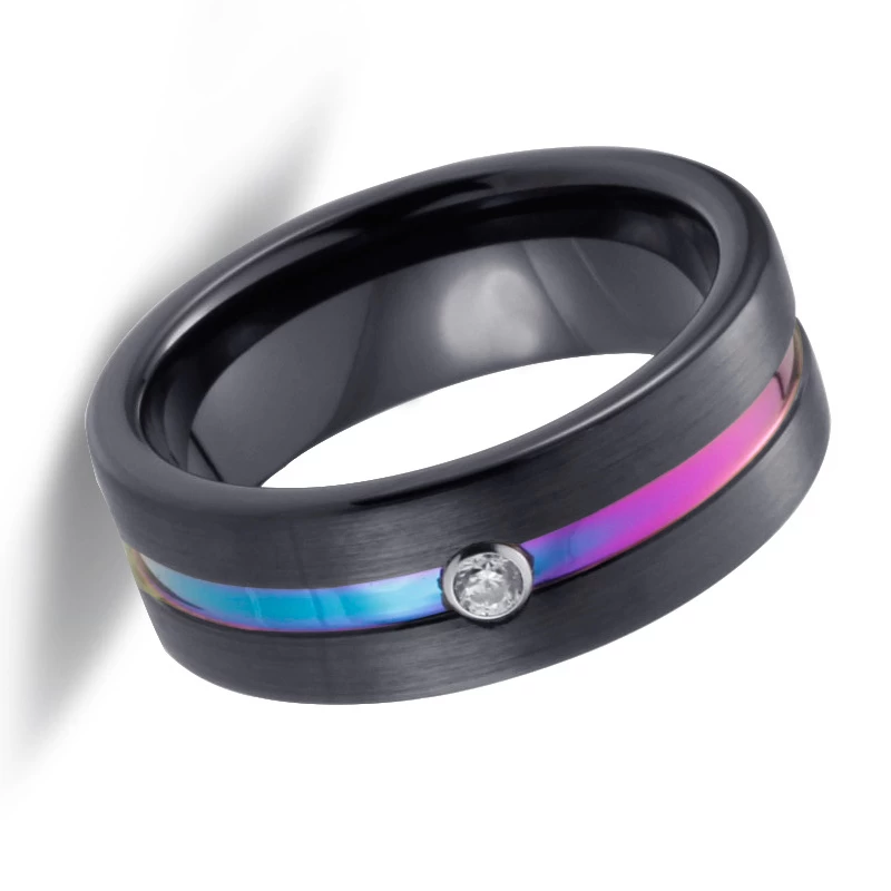 High Quality 8mm Men\'s Wedding Bands Two Toned Black and Rainbow Tungsten Carbide Ring with 1 White CZ China Factory