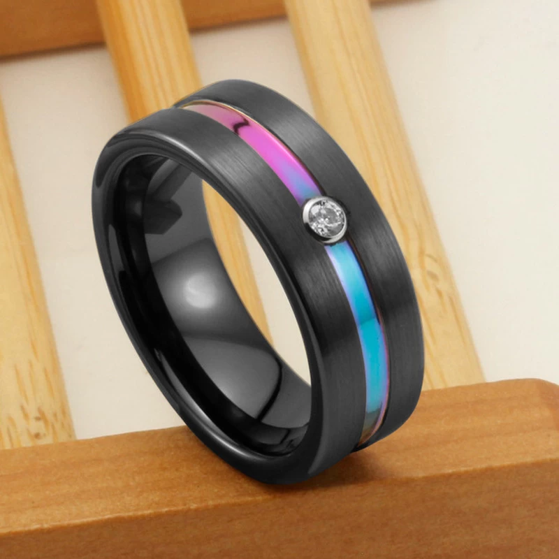 High Quality 8mm Men\'s Wedding Bands Two Toned Black and Rainbow Tungsten Carbide Ring with 1 White CZ China Factory