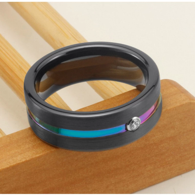 High Quality 8mm Men\'s Wedding Bands Two Toned Black and Rainbow Tungsten Carbide Ring with 1 White CZ China Factory