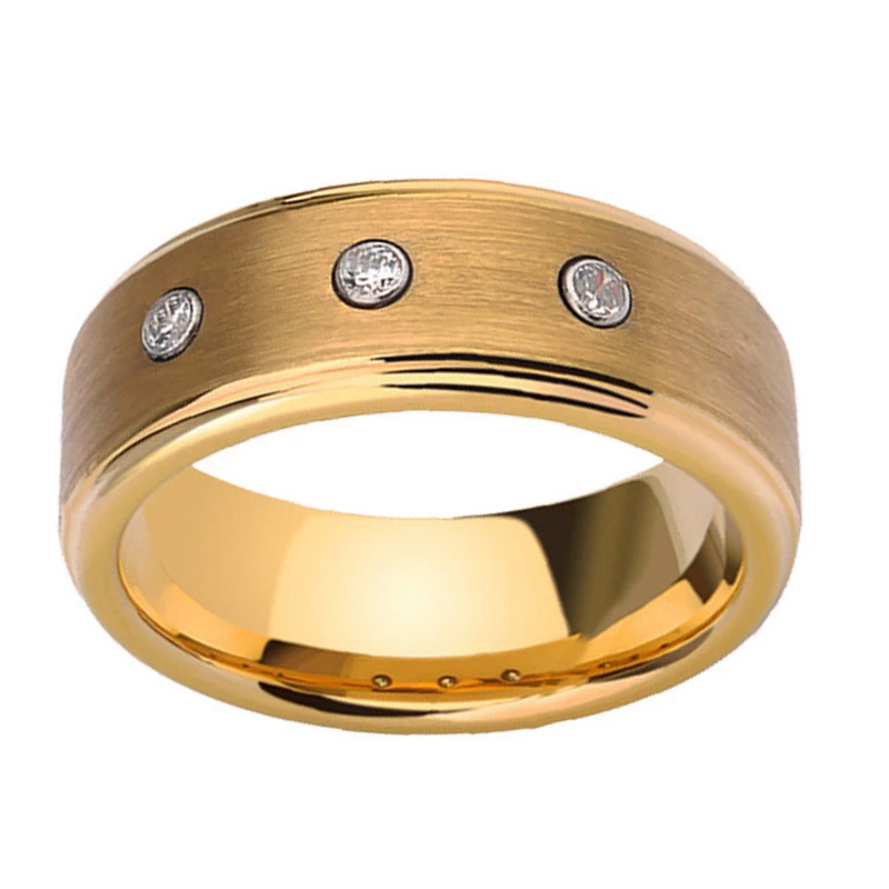 Hohe Qualität 8mm Männer Hochzeitsbänder Wohnung und Stiefkanten Gold Wolfram Ring mit 3 CZ Stones China Lieferant