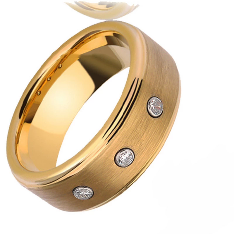 Hohe Qualität 8mm Männer Hochzeitsbänder Wohnung und Stiefkanten Gold Wolfram Ring mit 3 CZ Stones China Lieferant