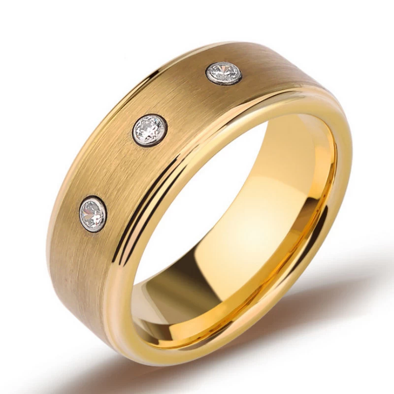 Hohe Qualität 8mm Männer Hochzeitsbänder Wohnung und Stiefkanten Gold Wolfram Ring mit 3 CZ Stones China Lieferant