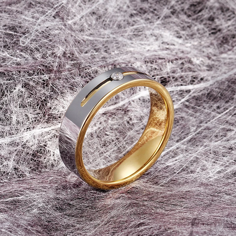 Hochglanzpoliert 6mm Herren-Hochzeitsband-flacher Gold- und Silber-Wolframkarbidring mit 1 CZ-Stein auf der Nut-China-Fabrik