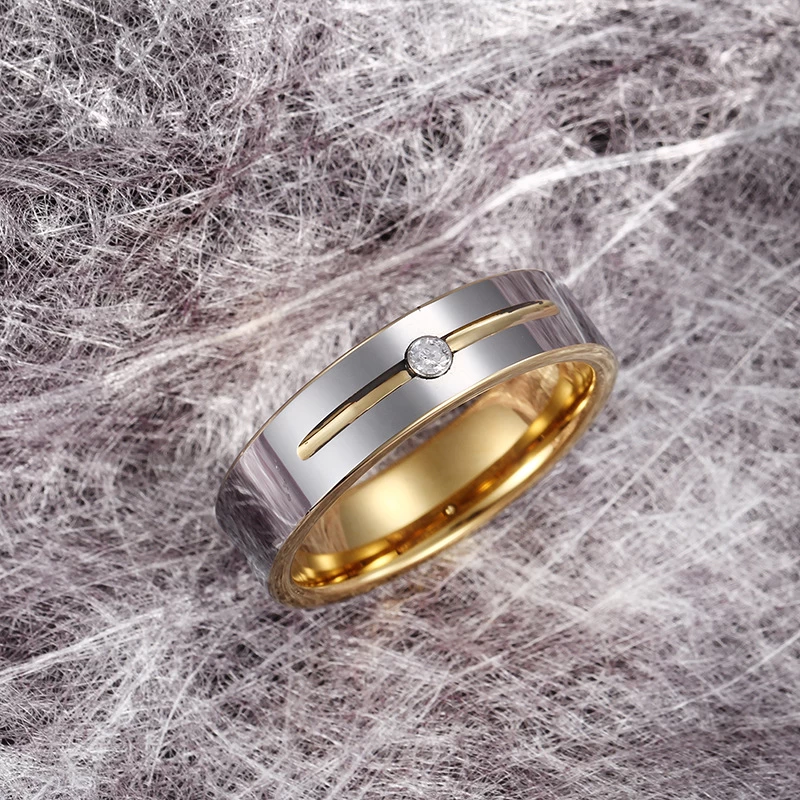 Hochglanzpoliert 6mm Herren-Hochzeitsband-flacher Gold- und Silber-Wolframkarbidring mit 1 CZ-Stein auf der Nut-China-Fabrik