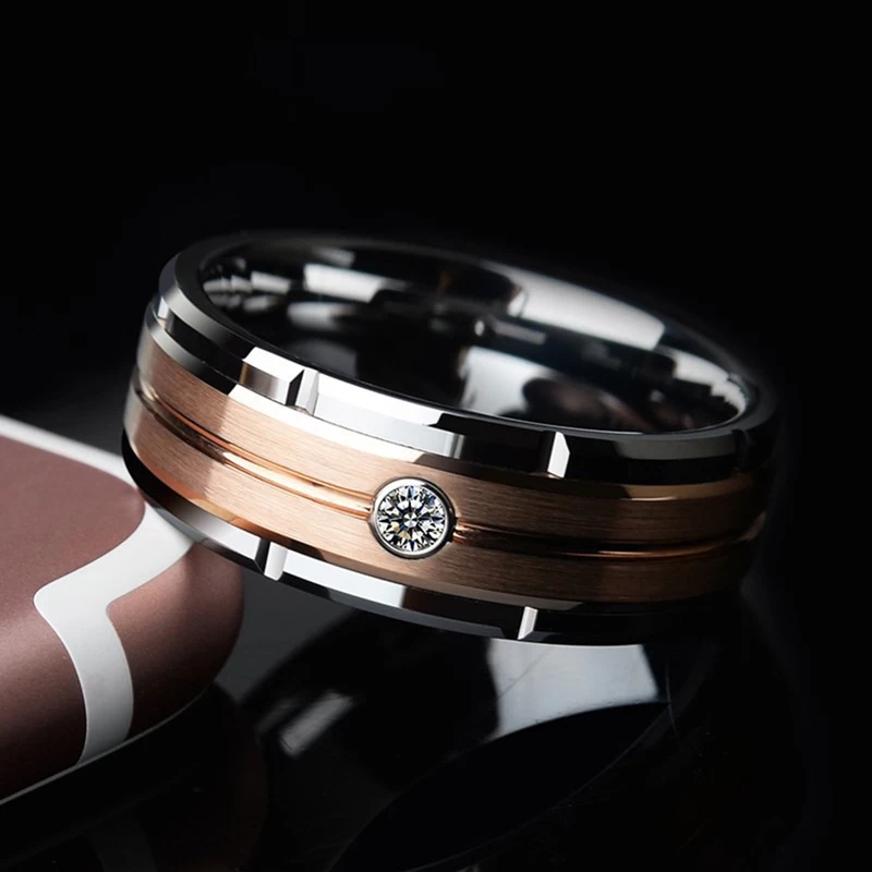 Incroyable Bande de mariage pour hommes Appartement et biseauté Bague de tungstène en argent rainuré et en or rose avec 1 White CZ Chine fournisseur