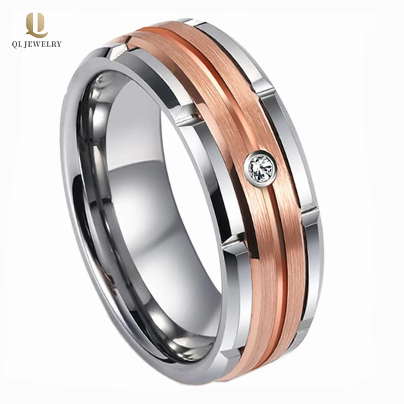 Incroyable Bande de mariage pour hommes Appartement et biseauté Bague de tungstène en argent rainuré et en or rose avec 1 White CZ Chine fournisseur