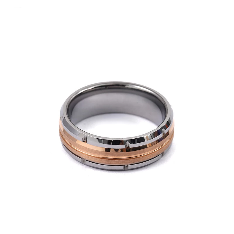 Incroyable Bande de mariage pour hommes Appartement et biseauté Bague de tungstène en argent rainuré et en or rose avec 1 White CZ Chine fournisseur