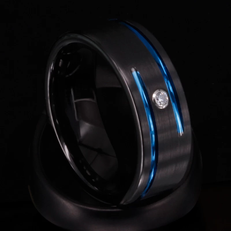 Bandes de mariage en satin de tungstène noir de 8mm de 8mm de 8mm avec rainure bleue et 1 fabricant blanc de la Chine CZ