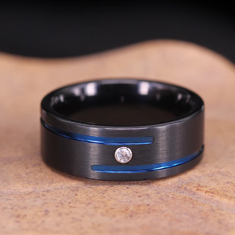 Bandes de mariage en satin de tungstène noir de 8mm de 8mm de 8mm avec rainure bleue et 1 fabricant blanc de la Chine CZ