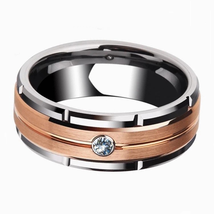 Incroyable Bande de mariage pour hommes Appartement et biseauté Bague de tungstène en argent rainuré et en or rose avec 1 White CZ Chine fournisseur