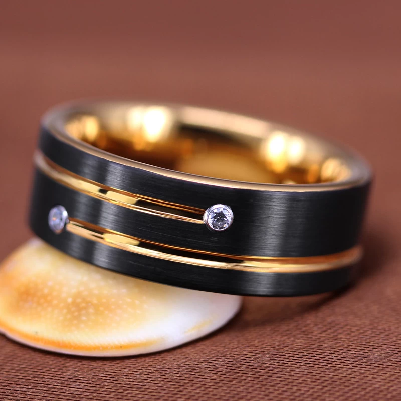 Popular 8mm Men\'s Flat Satin Brushed and Grooved Black and Gold Tungsten Carbide Ring White CZ China Manufacturer