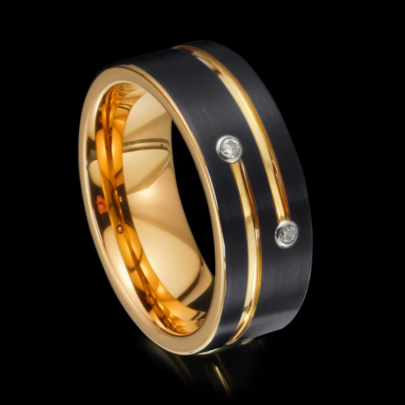 Popular 8mm Men\'s Flat Satin Brushed and Grooved Black and Gold Tungsten Carbide Ring White CZ China Manufacturer