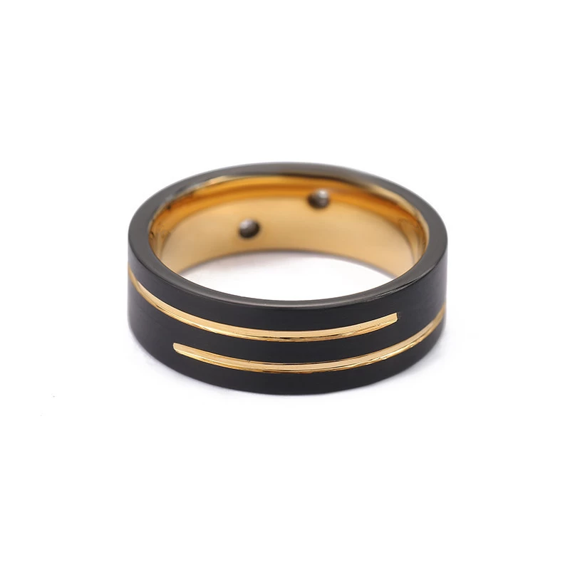 Popular 8mm Men\'s Flat Satin Brushed and Grooved Black and Gold Tungsten Carbide Ring White CZ China Manufacturer