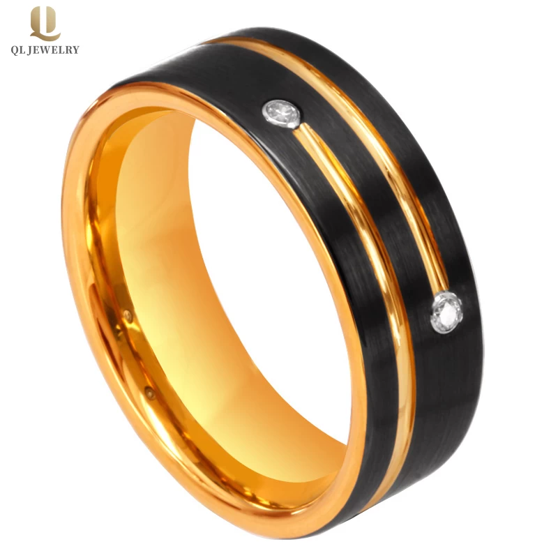 Popular 8mm Men\'s Flat Satin Brushed and Grooved Black and Gold Tungsten Carbide Ring White CZ China Manufacturer