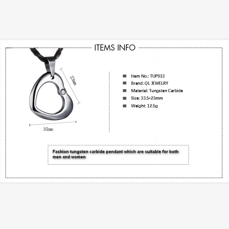 Incroyable Collier de pendentif en carbure de tungstène en forme de coeur ouvert en forme de tungstène avec bijoux de coeur en pierre CZ Chine fournisseur