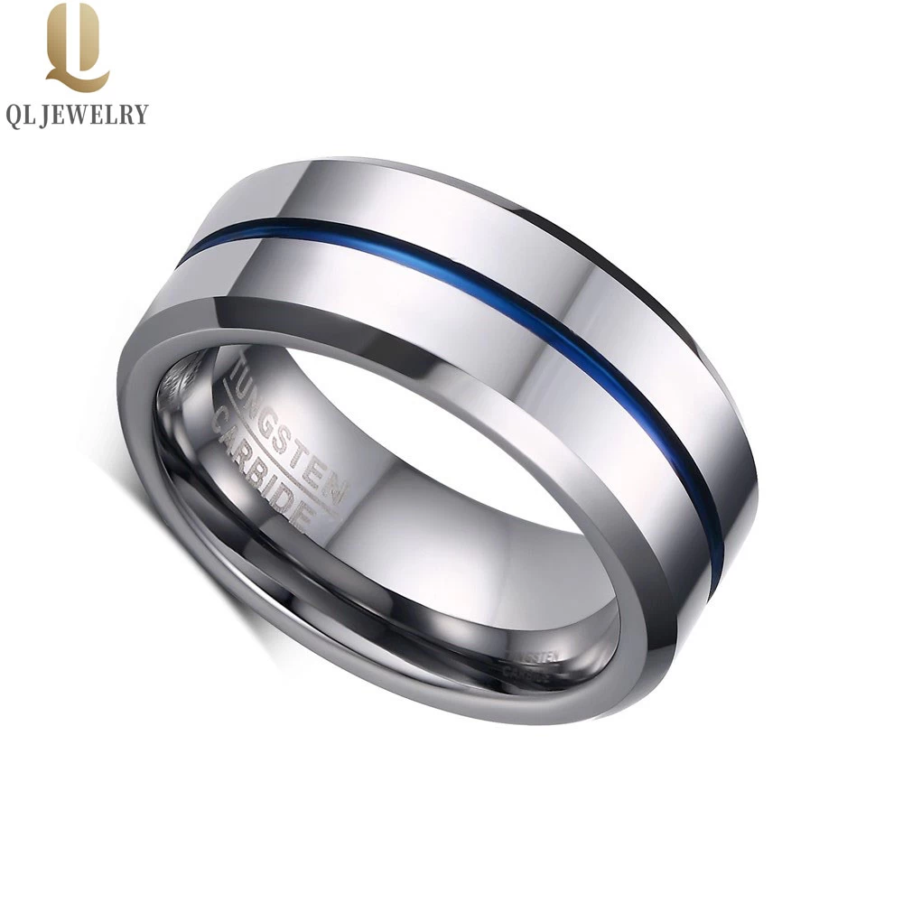 Chine fabricant en gros 8mm plaine haute vernis deux tons tungstène bague en carbure de tungstène bleu tungstène bague en carbure de tungstène