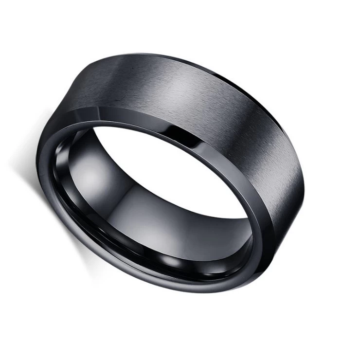China Factory and Manufacturer selling 8mm Flat and Brushed Black Tungsten carbide ring with Bevel Edges for Men Cool finger ring tungsten rings