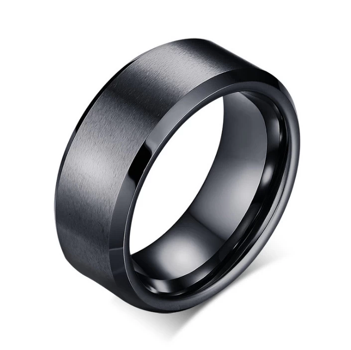 China Factory and Manufacturer selling 8mm Flat and Brushed Black Tungsten carbide ring with Bevel Edges for Men Cool finger ring tungsten rings
