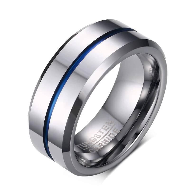 Chine fabricant en gros 8mm plaine haute vernis deux tons tungstène bague en carbure de tungstène bleu tungstène bague en carbure de tungstène